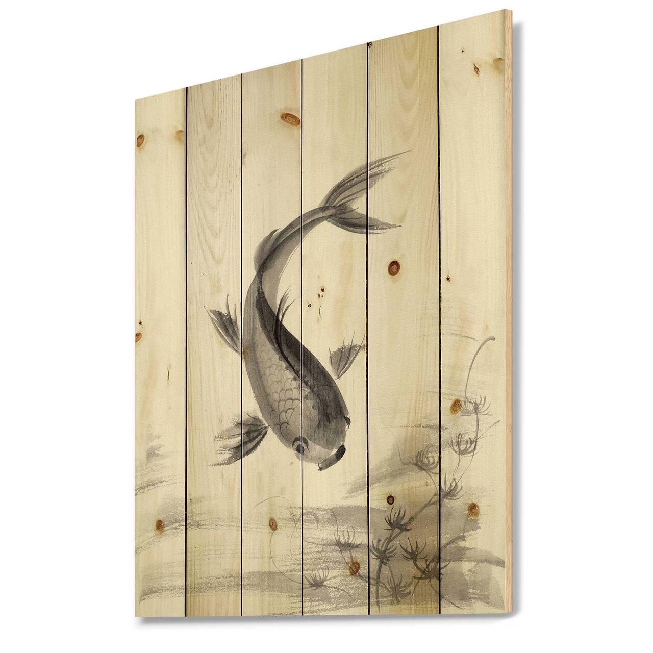 Designart - Monochrome Vintage Fish I - Nautical & Coastal Print on Natural Pine Wood
